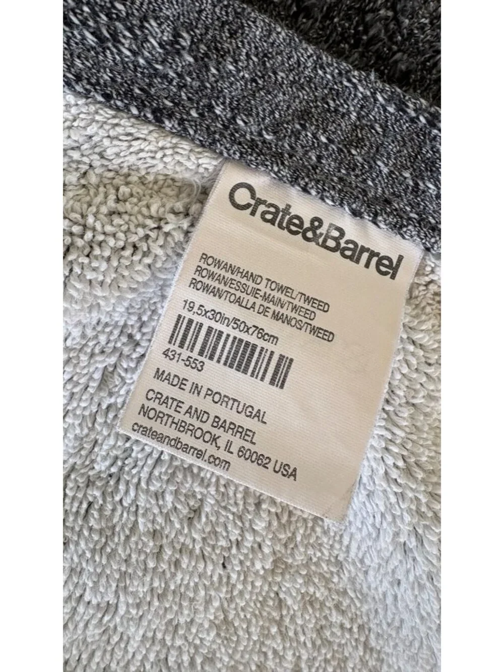 Crate & Barrel Hand Towels Set Of Two Rowen Tweed Gray